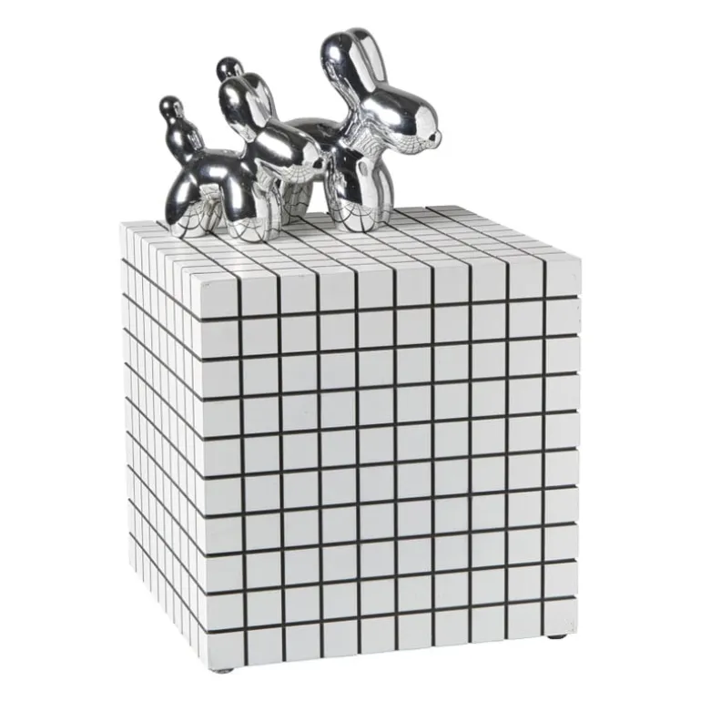 Bijzettafel kubus checks - wit - 30x30x30 cm