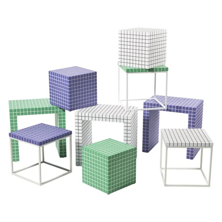 Bijzettafel kubus checks - wit - 30x30x30 cm