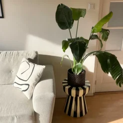 Bijzettafel stripes - beige/zwart - ø40x45 cm