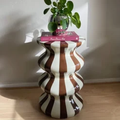 Bijzettafel waves stripes - beige/bruin - ø35x55 cm