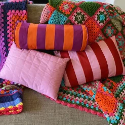 Bolster kussen met strepen - paars/oranje - ø18x45 cm
