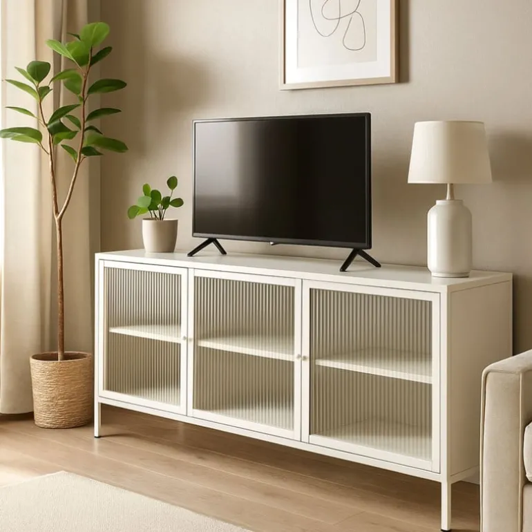 Dressoir Luca met geribbeld glazen deurtjes - offwhite - 50x120x42 cm