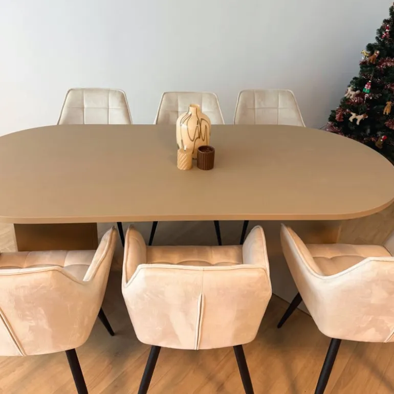 Eetkamerstoel velvet met armleuning - beige - 87x56.5x43 cm