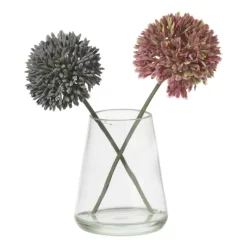 Glazen vaasje met allium bloem - roze/paars - 18x14x8 cm