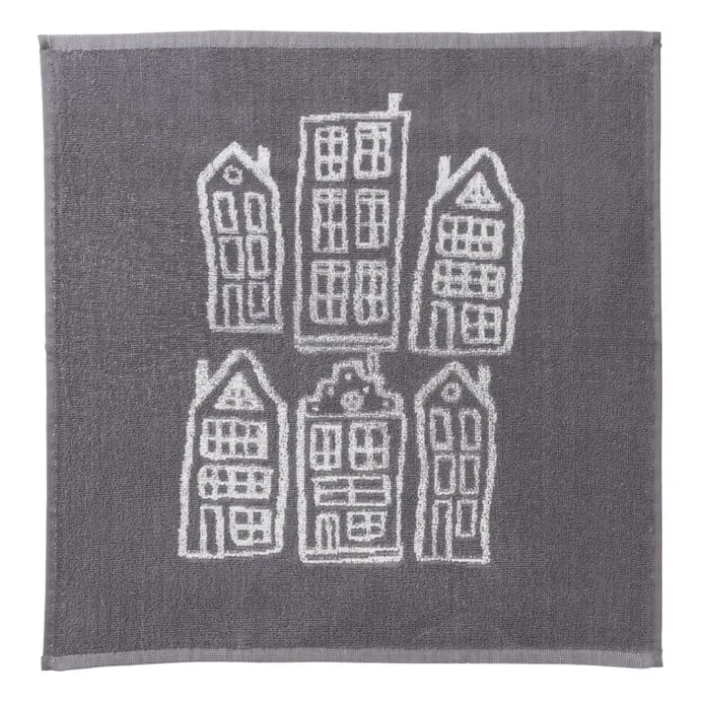 Handdoek antraciet huisjes - antraciet/wit - 50x50 cm