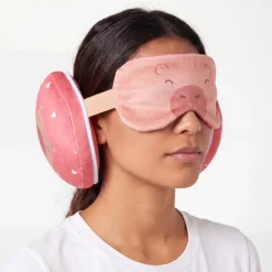2-in-1 reiskussen capibara met oogmasker - roze/rood
