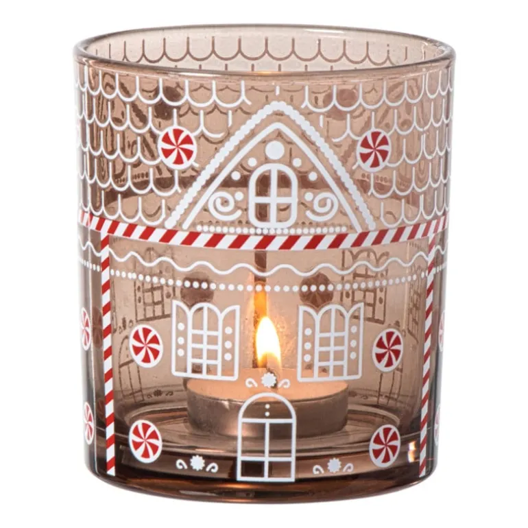 Kerst waxinelichthouder groot - bruin - ø9x10 cm