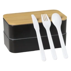 Lunchbox dubbel - zwart - 9.5x18.5x10.5 cm