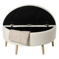 Opbergbank bouclé ovaal - beige - 47x100x42 cm