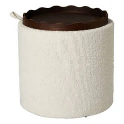 Opbergpoef bouclé met dienblad - beige/bruin - ø37.5x39 cm