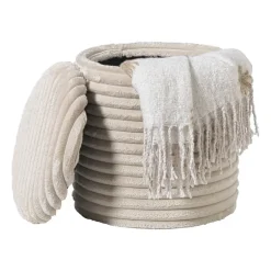 Opbergpoef ribstof - beige - ø35x38 cm