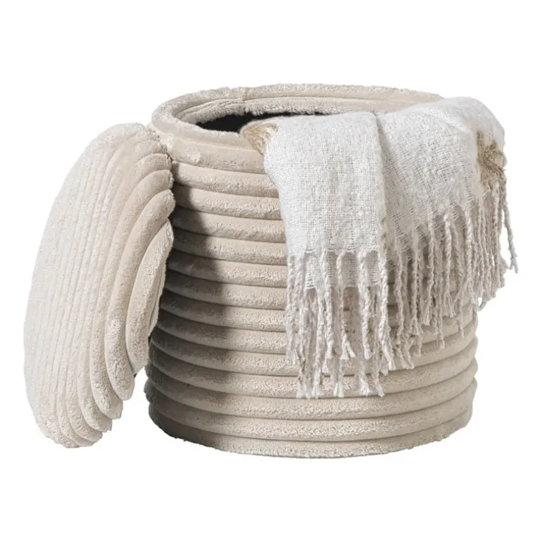 Opbergpoef ribstof - beige - ø35x38 cm
