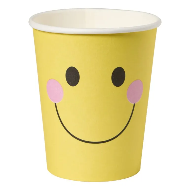 Papieren bekers smiley - geel - set van 8