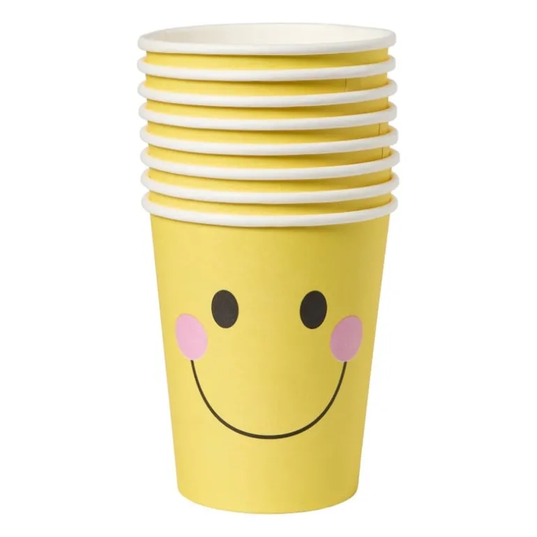 Papieren bekers smiley - geel - set van 8