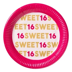 Papieren bordjes 16 jaar - roze - set van 8