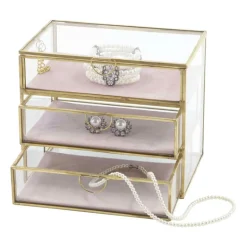 Sieradendoos met 3 lades - goud/roze - 18x12x15 cm