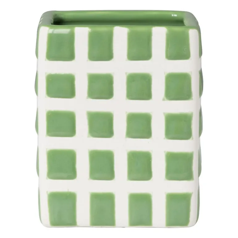 Tandenborstel beker blokjes - groen/wit - 8.8x7x7 cm