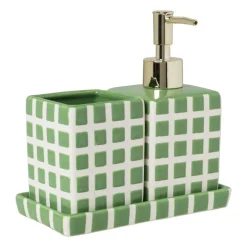 Tandenborstel beker blokjes - groen/wit - 8.8x7x7 cm