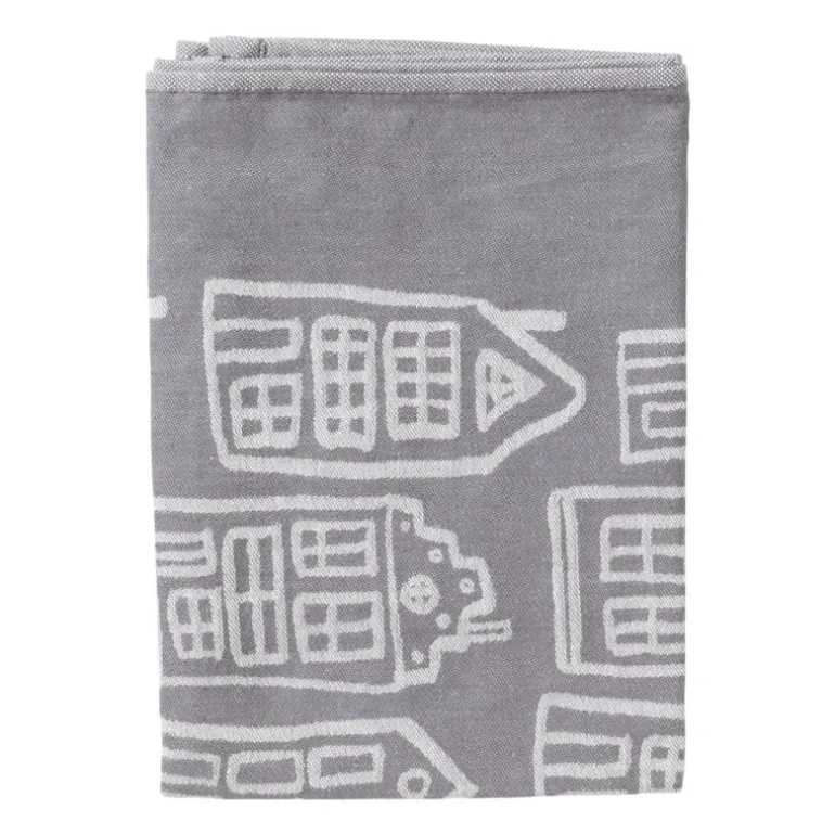 Theedoek antraciet huisjes - antraciet/wit - 50x70 cm