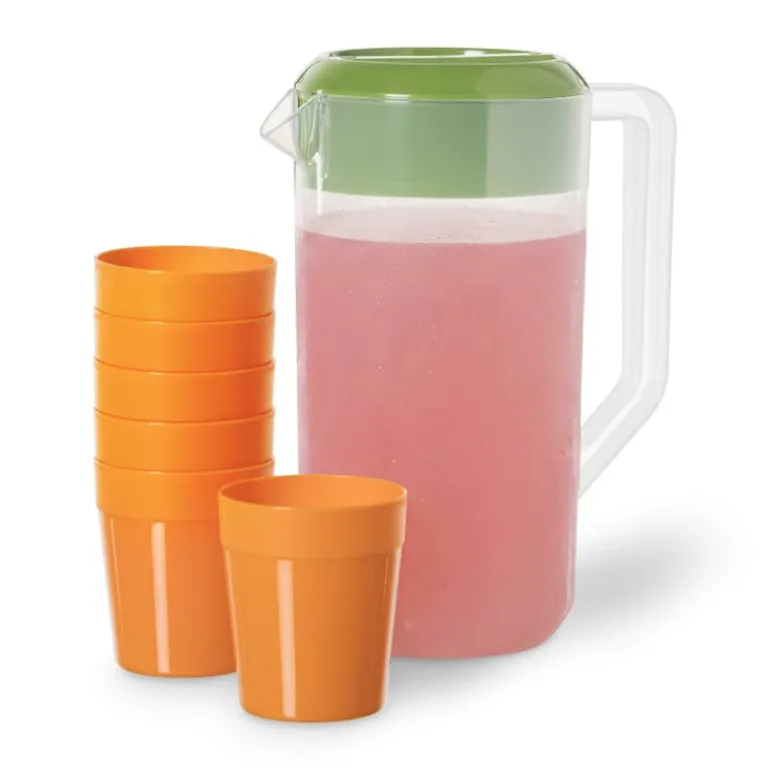 Waterkan met 6 bekers - groen/oranje