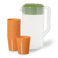 Waterkan met 6 bekers - groen/oranje