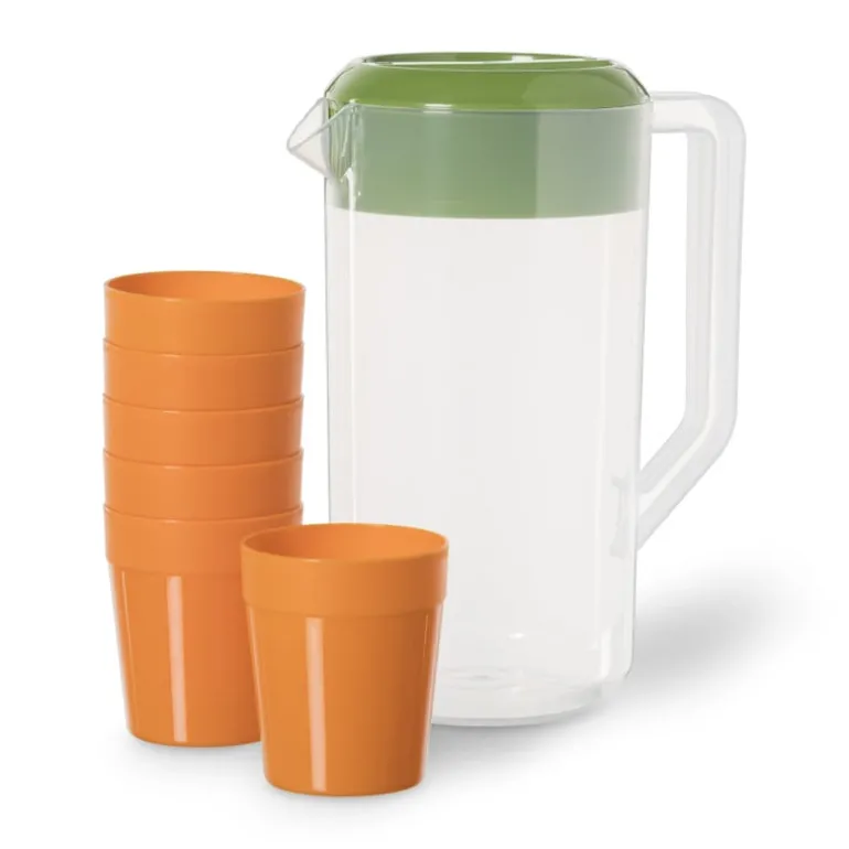 Waterkan met 6 bekers - groen/oranje