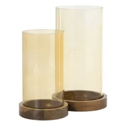 Windlicht glas en hout klein - beige/bruin - ø10x20 cm
