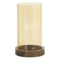 Windlicht glas en hout klein - beige/bruin - ø10x20 cm
