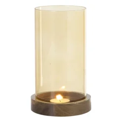 Windlicht glas en hout klein - beige/bruin - ø10x20 cm
